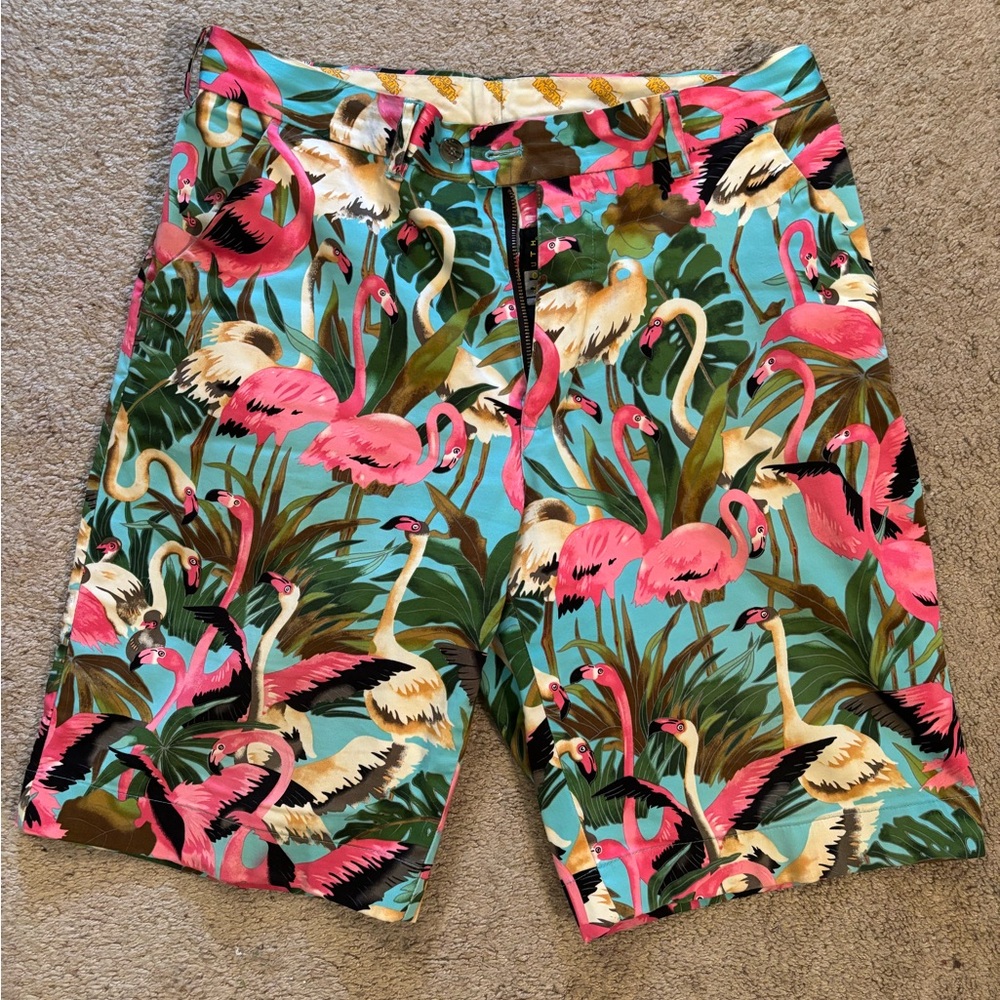 Pink and Green Flat Front Tropical Shorts